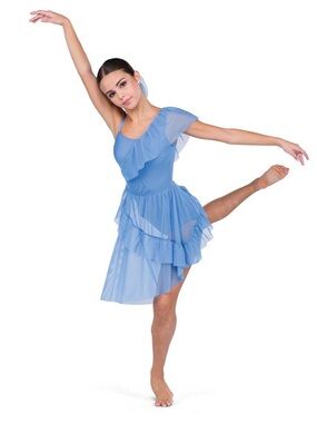 One-Shoulder Light Blue Chiffon Ruffle Dress